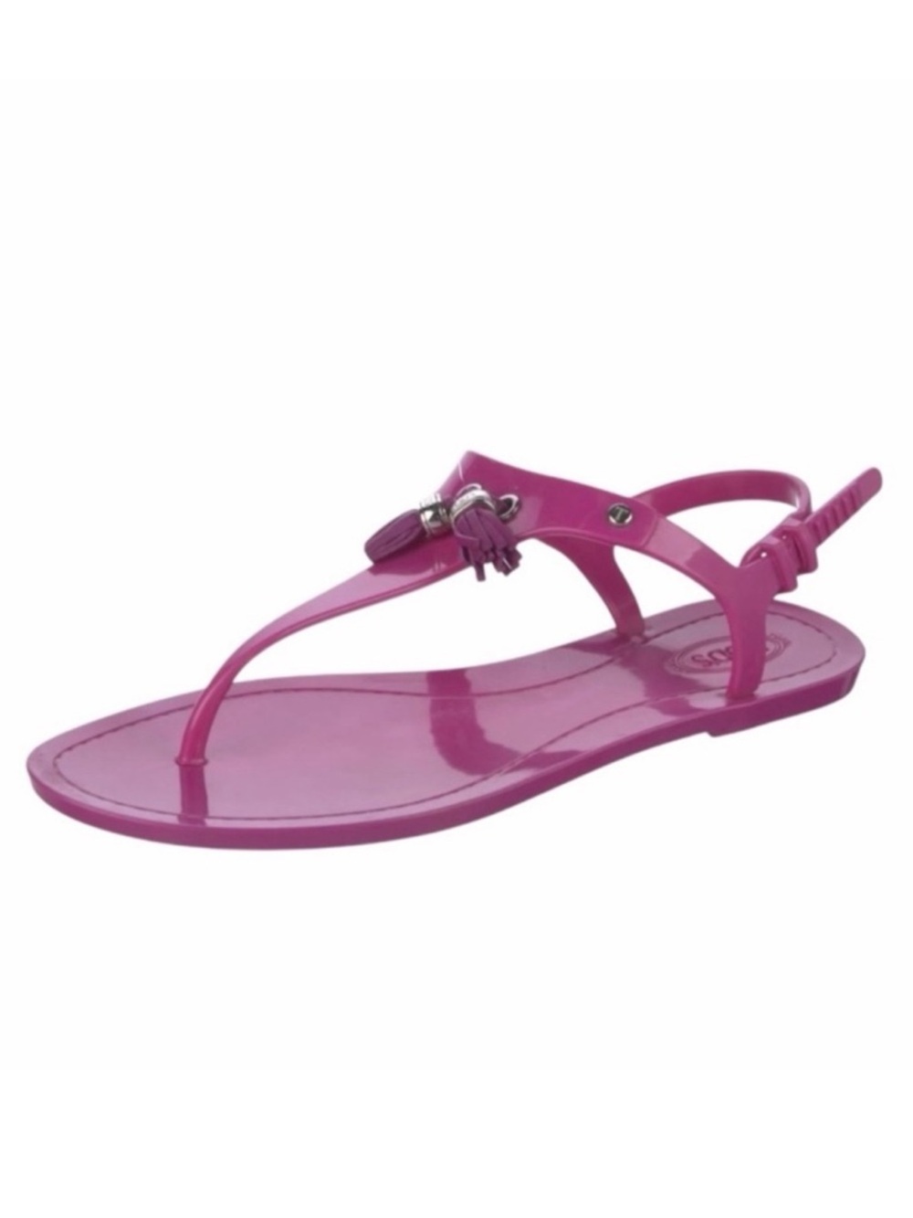 Tod's Fuchsia Jelly Nikel T-Strap Sandals with Tassel Accent Size 6.5